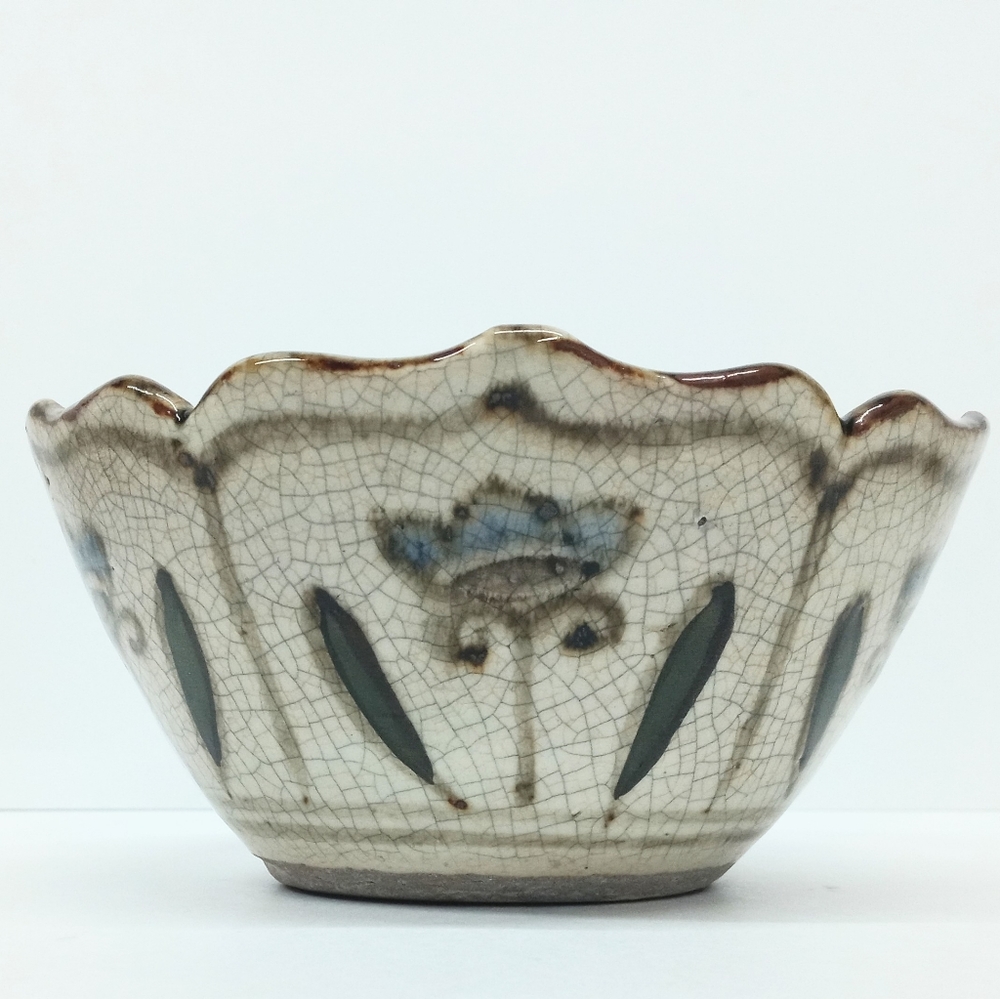 Vintage Studio Pottery Bowl Artist Signed Crackle Glaze Iris Flower, 2lbs.